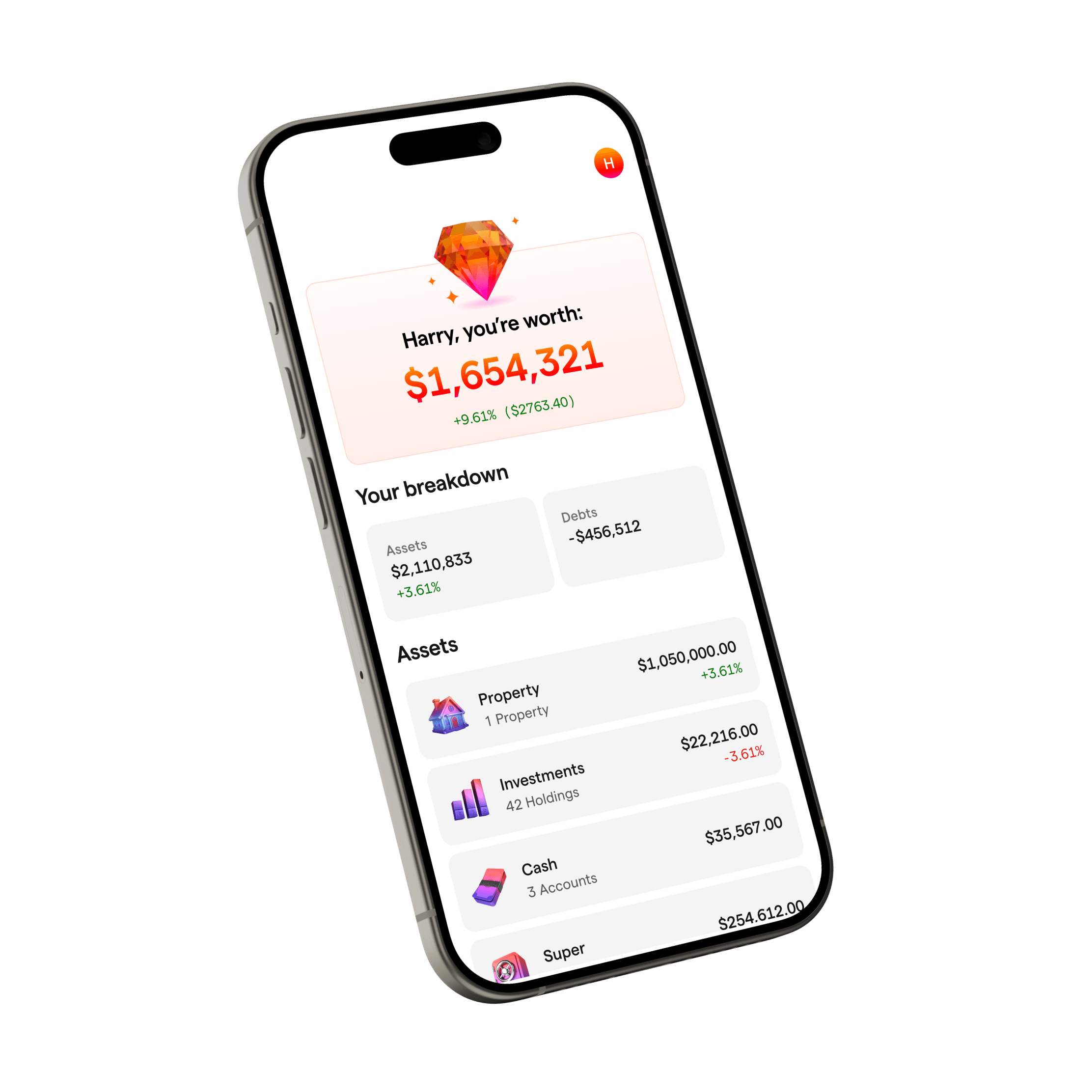 The Stitch app showing a net-worth total broken down into assets and debts